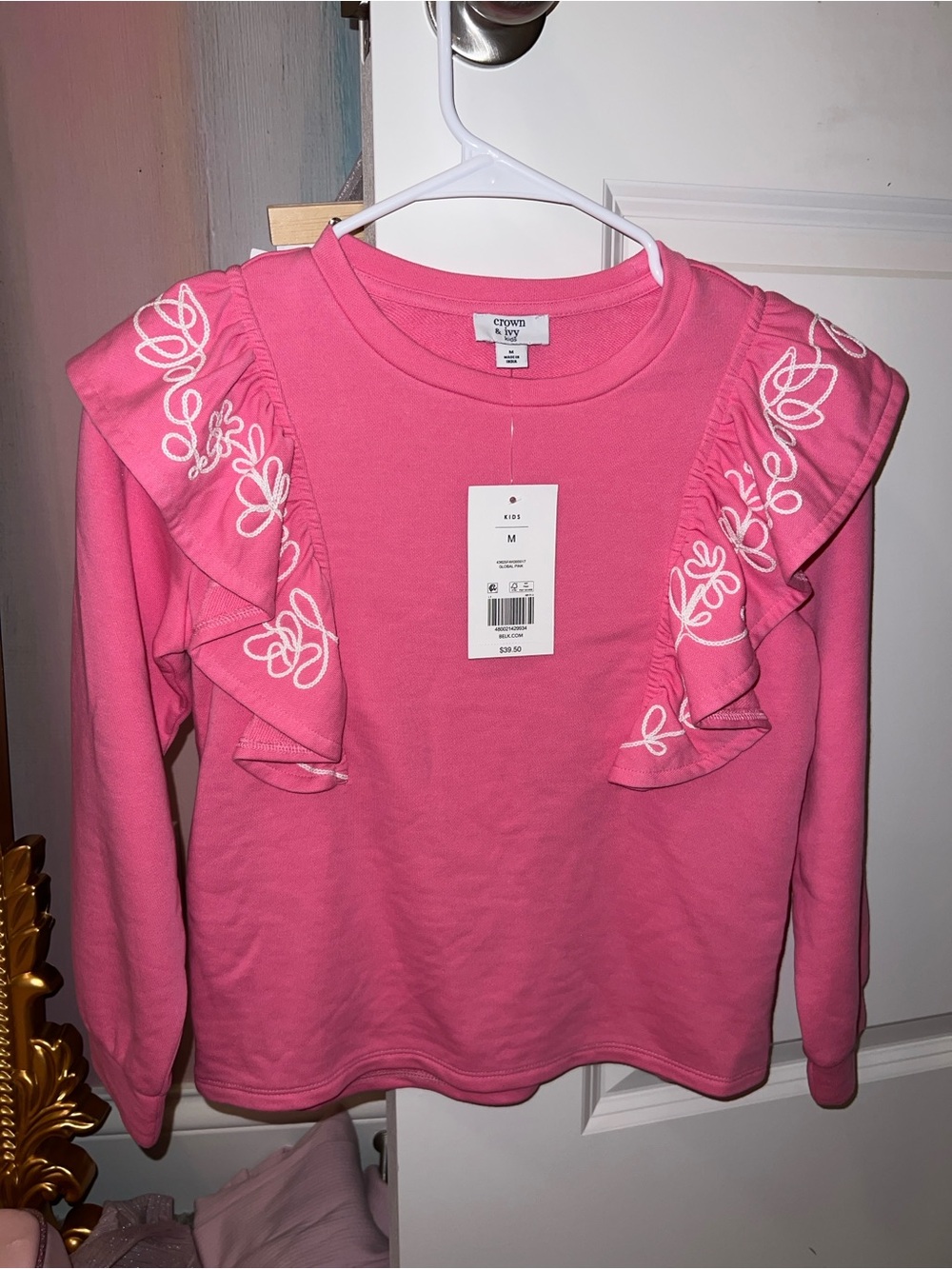 crown & ivy Girls' Pink Ruffle Sweatshirt with White Embroidery